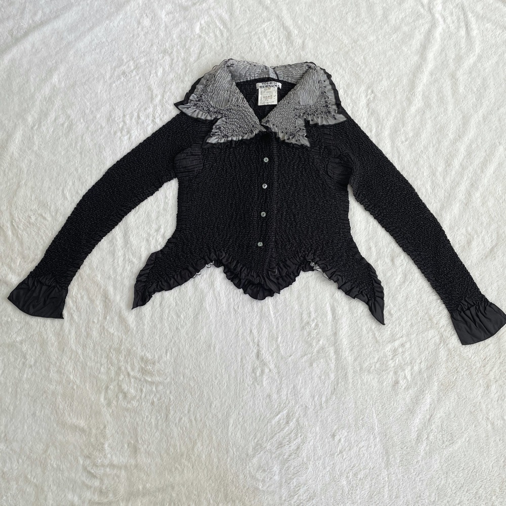 Yoshiki Hishinuma Star Collar Crinkle Blouse Black Silver Asymmetric Hem Size 2